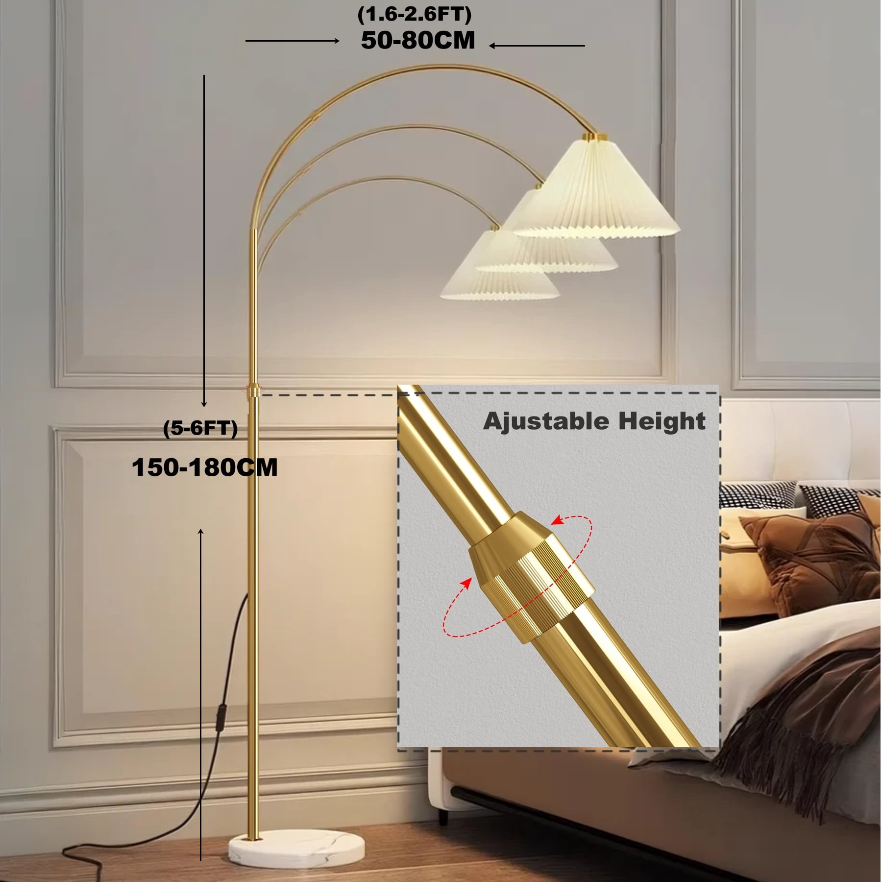 Arc Floor Lamp, 69" Height Standing Lamp, Metal Tall Lamp with Weighted Base Adjustable Hanging Shade for Living Room, Bedroom, Reading, Office - Gold