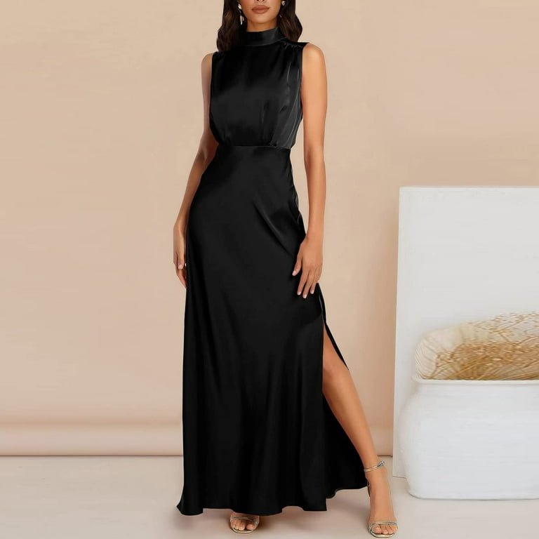 ZQGJB Women Summer Sleeveless Mock Neck Cocktail Dresses Casual Solid Color  Keyhole Elastic Waist Party Wedding Guest Satin High Split Maxi Dress Black  S 