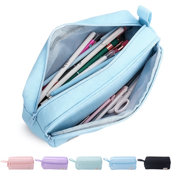 Rirool Large Capacity Pencil Case with Initial Letter, Expandable Pencil Pouch with Zipper, Cute Aesthetic Pen Bag for School Supplies, Kids Teen Girls Adults Blue
