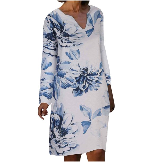 Vestido largo hasta la rodilla con cuello en V y manga larga con estampado cómodo e informal a la moda para mujer Pompotops hdfakjf3074