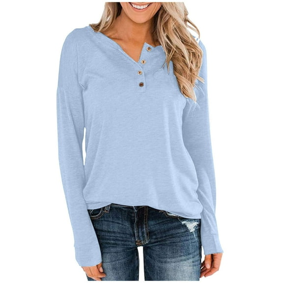 DeHolifer Women's Tops Long Sleeve V Neck Button Henley Tops Solid Casual Loose Fall Blouse Blue S