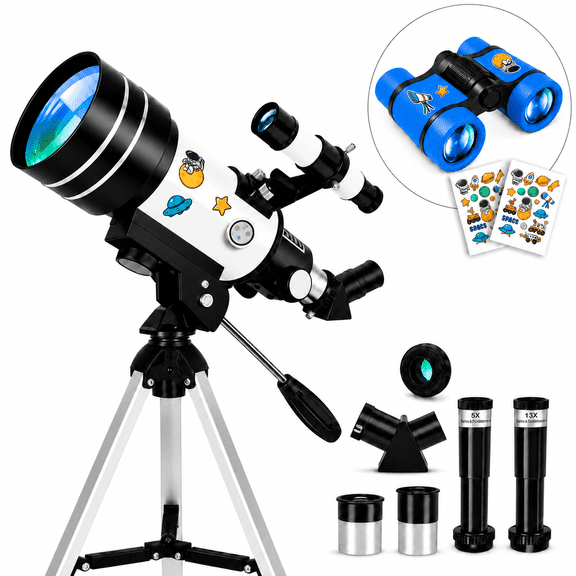 70mm Aperture Telescope for Adults & Kids, 300mm Refractor Telescope for Beginners, Portable Astronomy Telescope with Tripod, Smartphone Adapter & Mini Binoculars