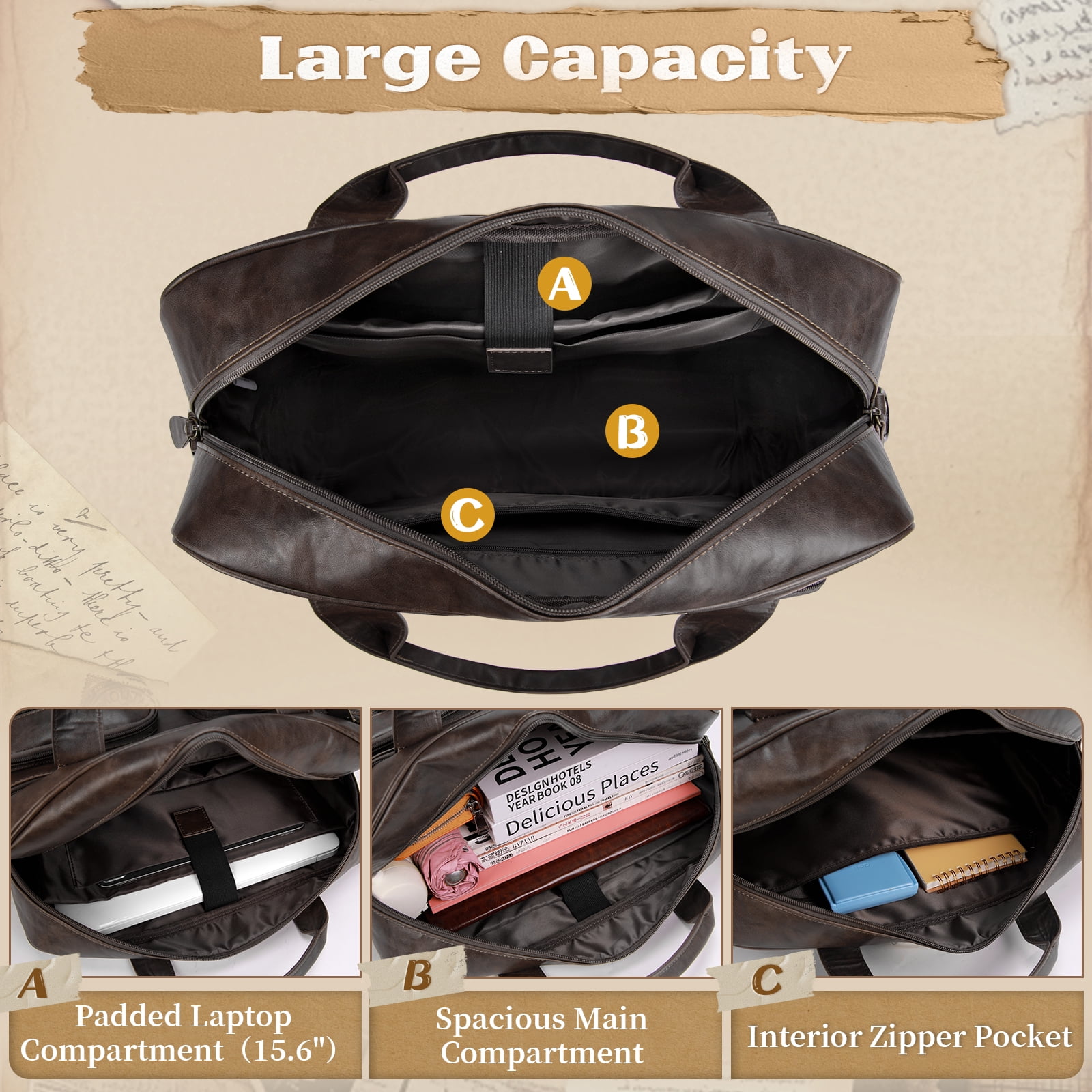 RAINSMORE 15.6 Inch Messenger Bag for Men Vintage PU Leather Laptop Bag Waterproof Computer Briefcases for Men Retro Mens Briefcase Satchel Bag for Work Office Business Travel,Coffee