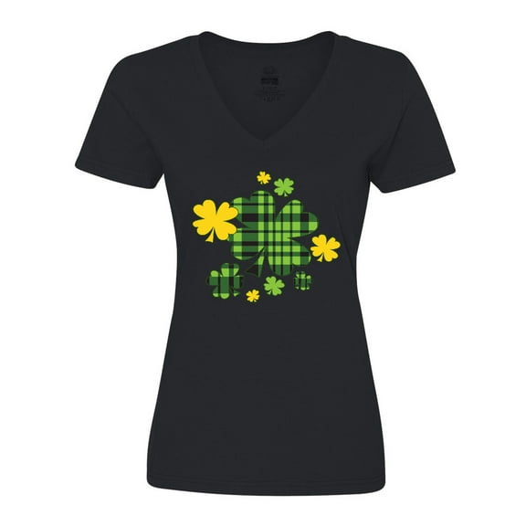 Inktastic St. Patrick's Day Plaid Green and Yellow Shamrocks Women's V-Neck T-Shirt