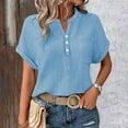 thumbnail image 4 of Long Sleeve Shirts Tops for Women Trendy Women's V Neck Basic Button Top Loose Short Sleeved Linen Long Sleeved Shirt, 4 of 6