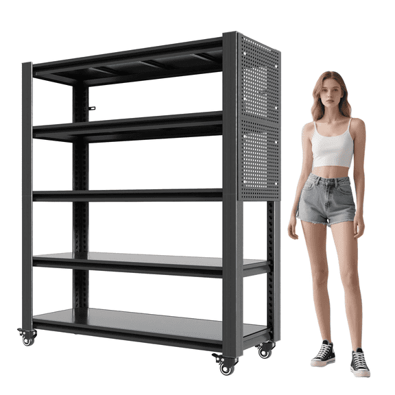 72"H Metal Garage Shelving Unit with Pegboard and Wheels, Heavy Duty 5-Tier Adjustable Storage Rack, Industrial Shelves for Heavy Tools and Equipment, Ideal for Garage, Basement, 47.2"W*23.6"D