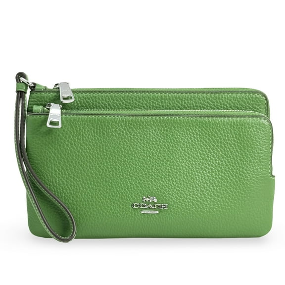Coach Women's Double Zip Pebbled Leather Wristlet Wallet (Green)