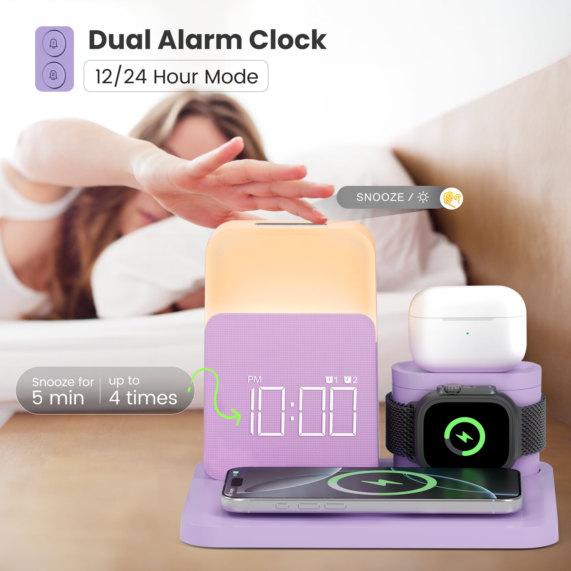 Wireless Charging Station 7 in 1 Compatible for iPhone 17/16/15/14/13/12 Pro Max, Apple Watch & AirPods with Alarm Clock, Night Light Purple
