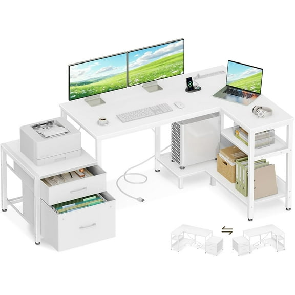 L Shaped Desk with Drawers & File Cabinet, Reversible White Computer Desk with Storage Shelves & CPU Stand, Corner Desk with Power Outlets
