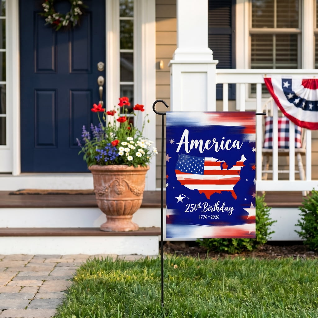 God Bless America Garden Flag A Map of the United States with the Words America on it. for Patriotic Yard Flag 250th Birthday 1776-2026 Outdoor Fourth of July Decoration 28x40 Inch Large
