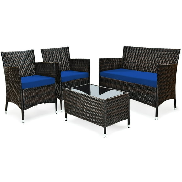 Patiojoy 4-Piece Patio Rattan Wicker Furniture Set Sofa Chair Table Set w/ Navy Cushions
