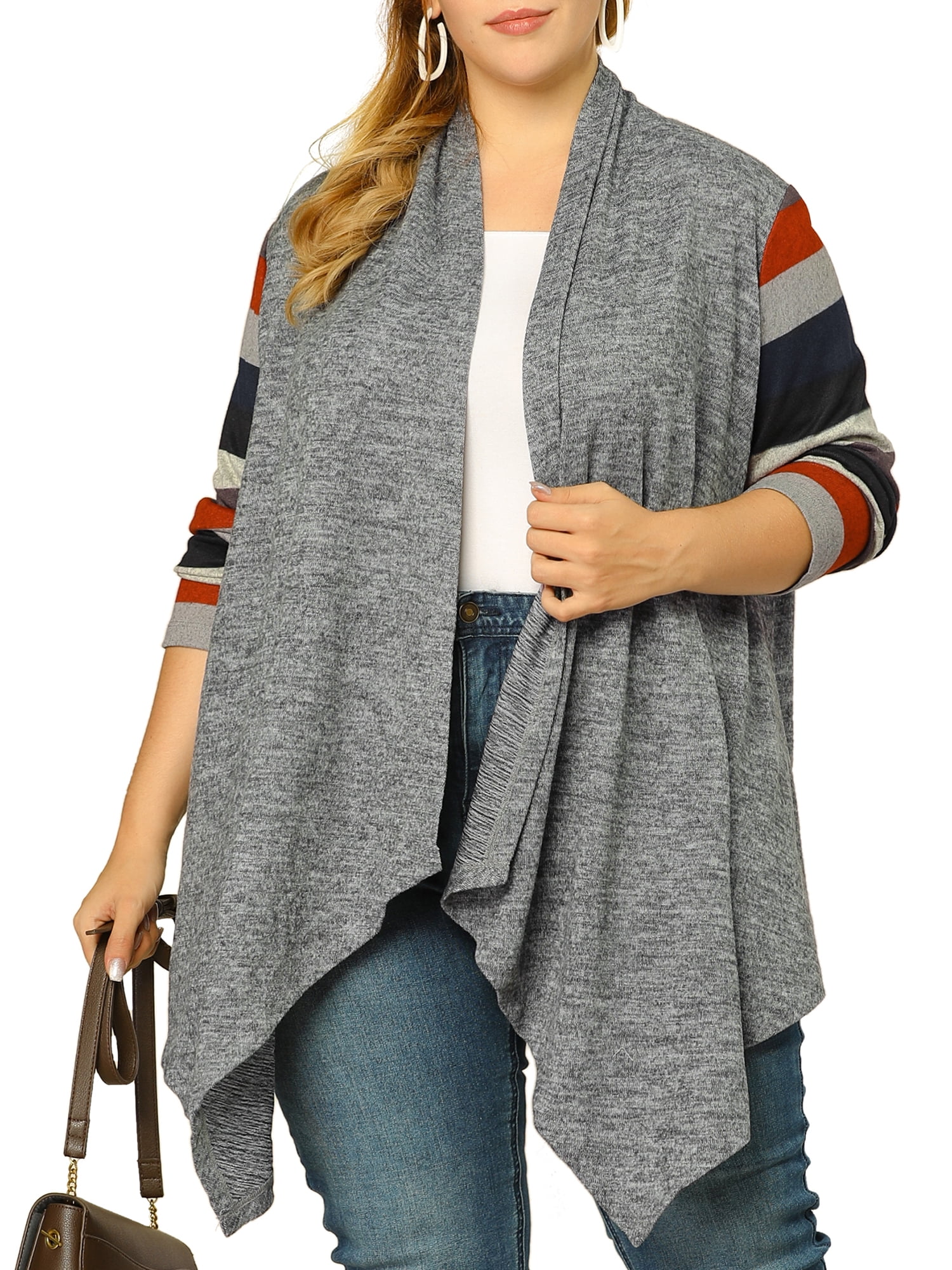 DARING DIVA Plus Size Striped Open Front Knit Cardigan Sweaters Shrugs 2X Gray