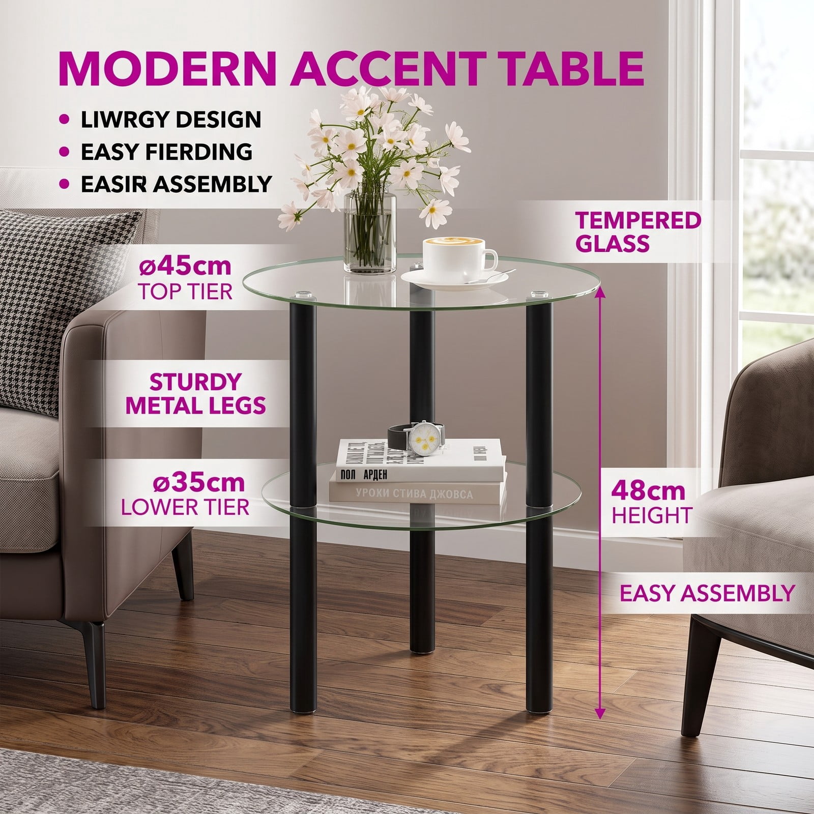Furnibear 2-Tier Round End Table with Clear Tempered Glass Top and Storage Shelf, Rubber Wood Legs Side Sofa Nightstand for Living Room Bedroom, Black
