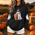 thumbnail image 2 of Women Drop Shoulder Spooky Season Hoodie Drawstring Kangaroo Pocket Fall Halloween Pullover Witch Hat Cute Ghost Pumpkin Spice Drink Bat Front Print Sweatshirt, 2 of 6