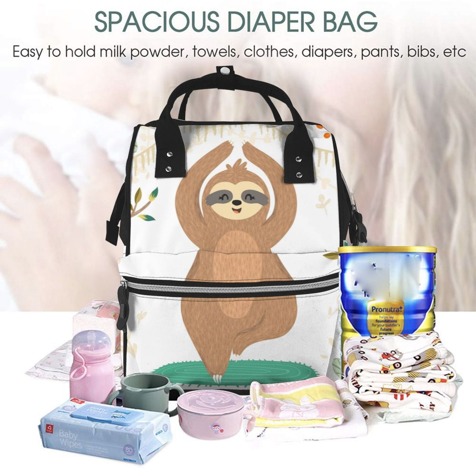 Ratiio Cute Sloth In Yoga Pose Tree Mummy Backpack - Waterproof Twill Canvas, Large Capacity Diaper Bag with Multiple Pockets and Adjustable Straps