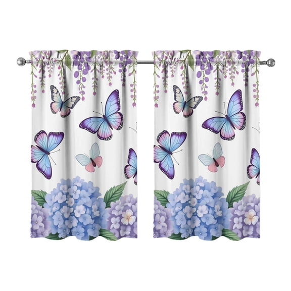 Vintage Butterflies and Purple Hydrangeas Tier Kitchen Curtains for Bathroom Living Rod Pocket Window Drapes 28"x39" 2 Panels Window Treatment Tiers