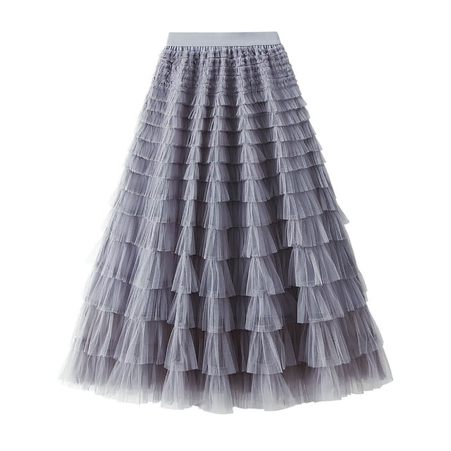 Miqool Womens A-Line Skirt Mesh Layered Hem Multilayer Tiered Puffy Ruffles Tulle Midi Skirt