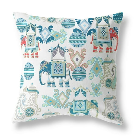 Elephant Howdah Faux Suede Fabric Throw Pillow in Blue and White 16x16