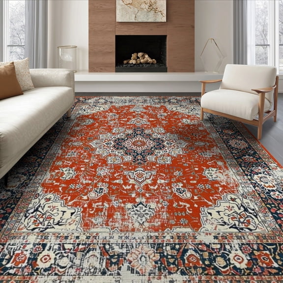 ODIKA 8'x10' Washable Area Rug Kilim Vintage Navy Distressed Faded Motifs Border Geometric Southwestern for King Size Bedroom Under Bed, Master Suite, Non-Shedding, Easy Care