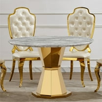 47 Inch Round Dining Table With High Gloss Faux Marble Top And Stainless Steel Base For Kitchen Dining Room Use Gold Gray