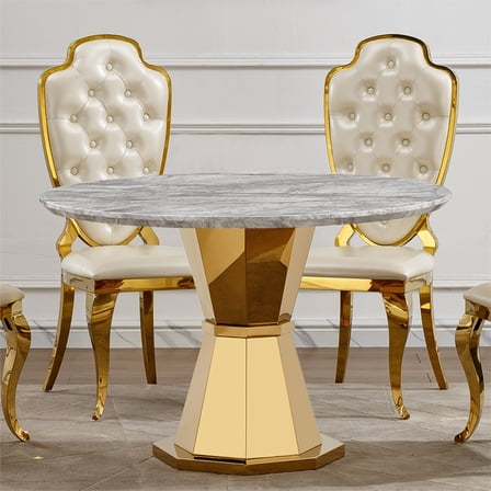 47 Inch Round Dining Table With High Gloss Faux Marble Top And Stainless Steel Base For Kitchen Dining Room Use Gold Gray