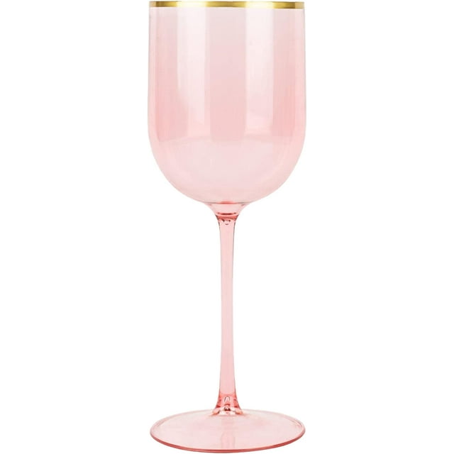 (2 PACK) EcoQuality Translucent Plastic Pink Wine Glasses with Gold Rim 12 oz Wine Cups with