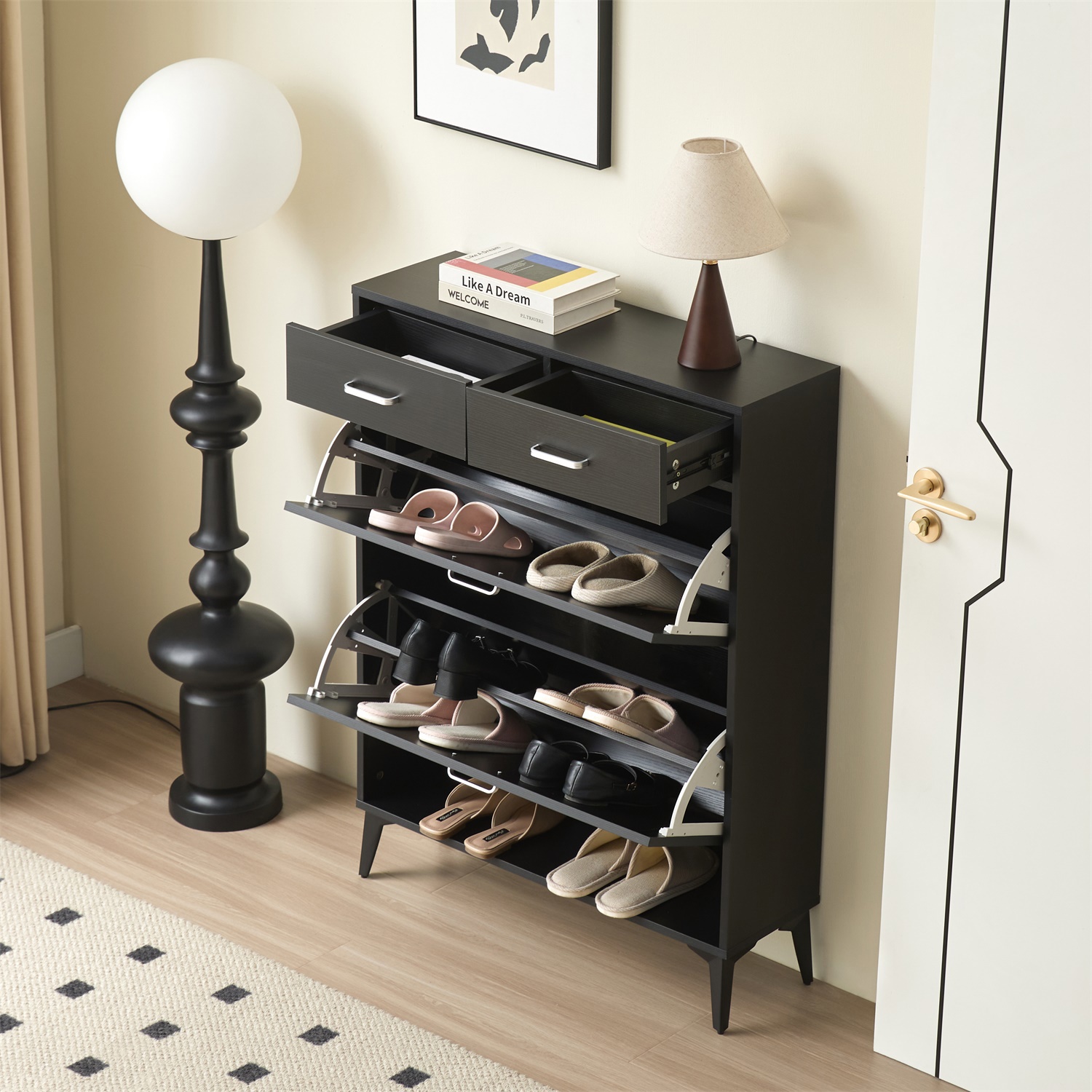 Hommoo Modern Freestanding Shoe Cabinet, Tipping Bucket Shoe Rack Organizer with 2 Flip Drawers&2 Drawer, Black