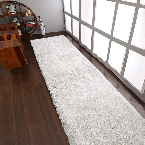 Rugsotic Carpets Hand Tufted Shag Polyester Eco-Friendly Area Rugs - 2'6''x10', Runner, White, Plain Solid Design, High Pile Handmade Anti Skid Rugs for Living Room, Bed Room K00101