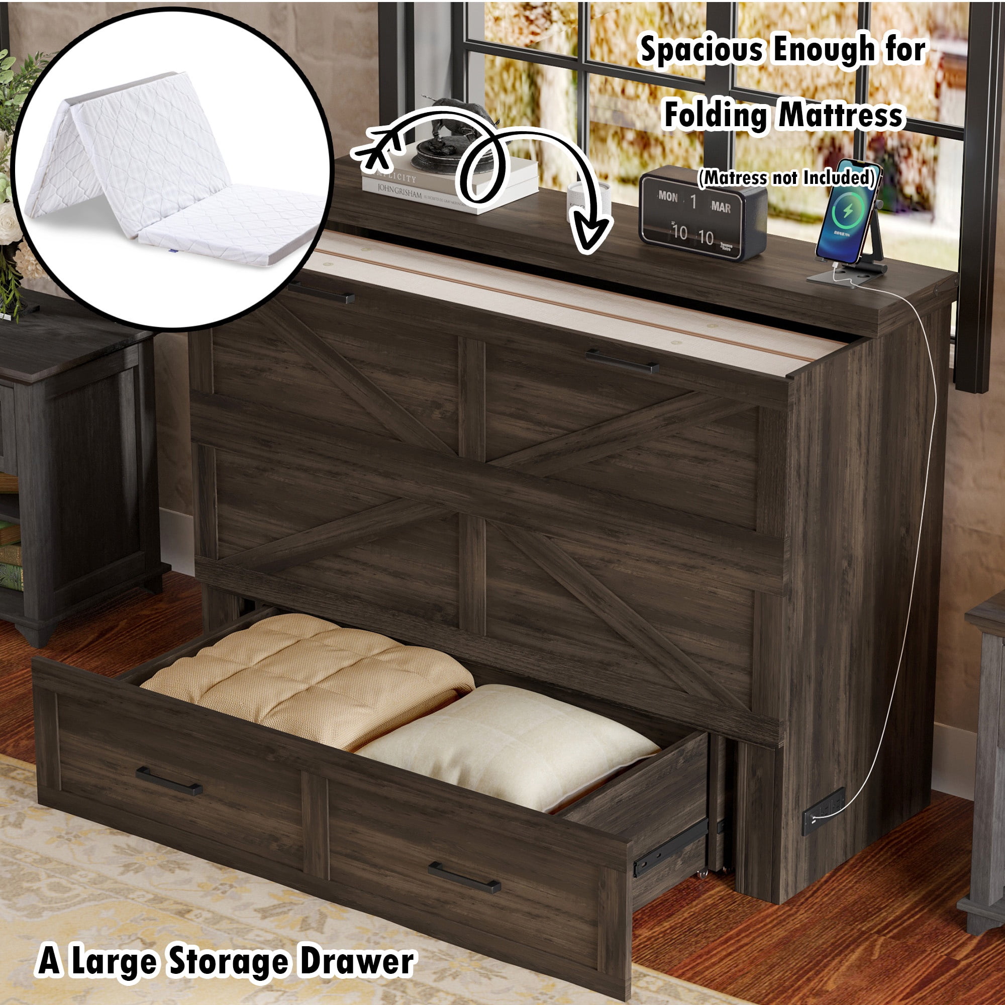 Bellemave Full Size Farmhouse Murphy Bed Frame with Charging Station and Storage Drawer Foldable Cabinet Platform Bed for Guest Room or Home Office (Full Size, Rustic Gray)
