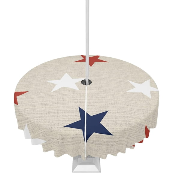 4th of July Tablecloth with Umbrella Hole and Zipper Stars Red Blue White Round Outdoor Tablecloths 60 Inch Outside Table Cloths Farmhouse Patio Table Cloth Cover for Independence Day Garden Decor