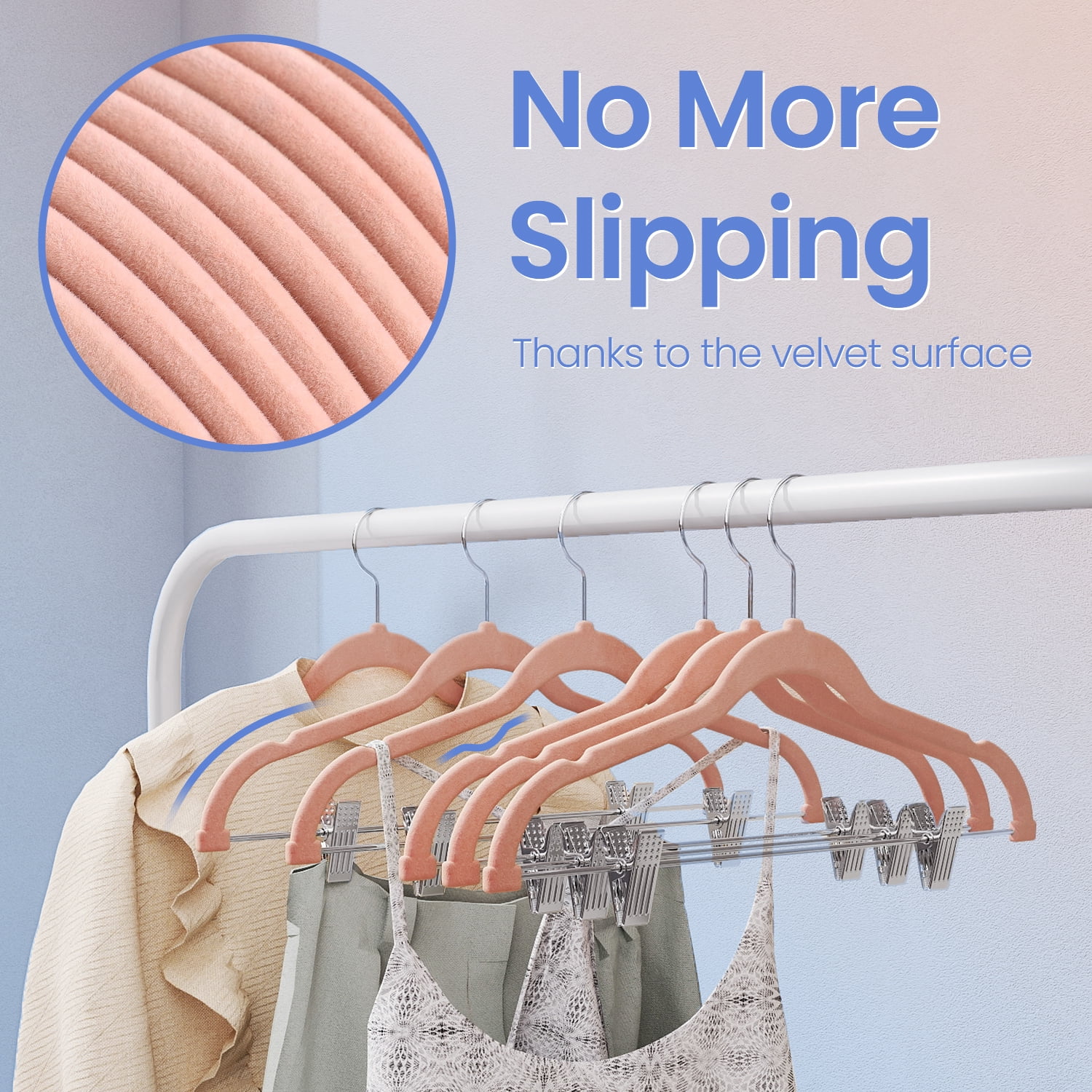LEDREM 30-Pack Adjustable Velvet Hangers, Heavy-Duty Non-Slip Skirt Hangers, Pants Hangers with Movable Clips, Space-Saving for Dresses & Coats, Light Pink
