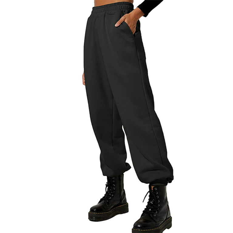 Sunisery Womens Fleece Lined Sweatpants Fall Winter Warm Joggers Elastic  High Waist Pants Autumn Trousers Black XL