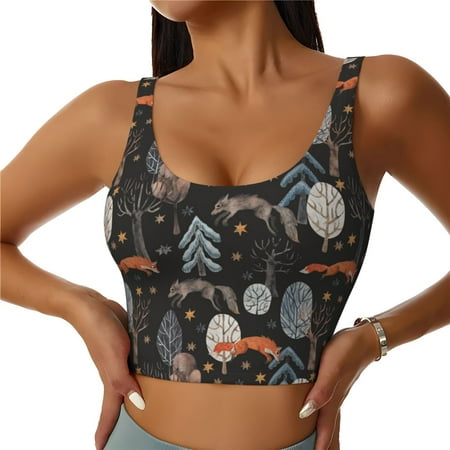 Adobk Fox In The Forest Print Sports Bras for Women Longline Workout Crop Tank Tops Padded with Built in Shelf Padded Sports Bra-Large