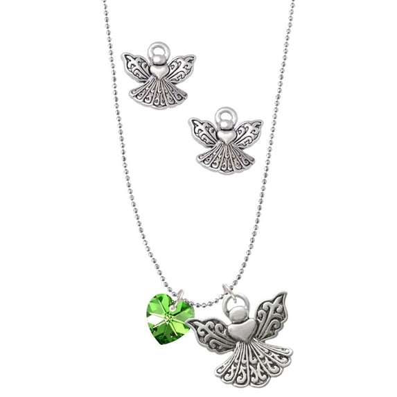 Delight Jewelry Lime Green Crystal Heart Silver tone Guardian Angel Charm Necklace and Stud Earrings