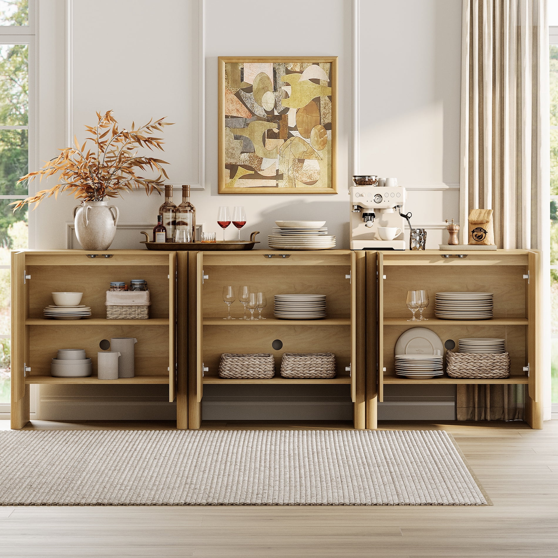 94.5-Inch 3-in-1 French Minimalist TV Stand for 105" TVs, 6-Door Media Console with Adjustable Shelves, Cable Management, Oak