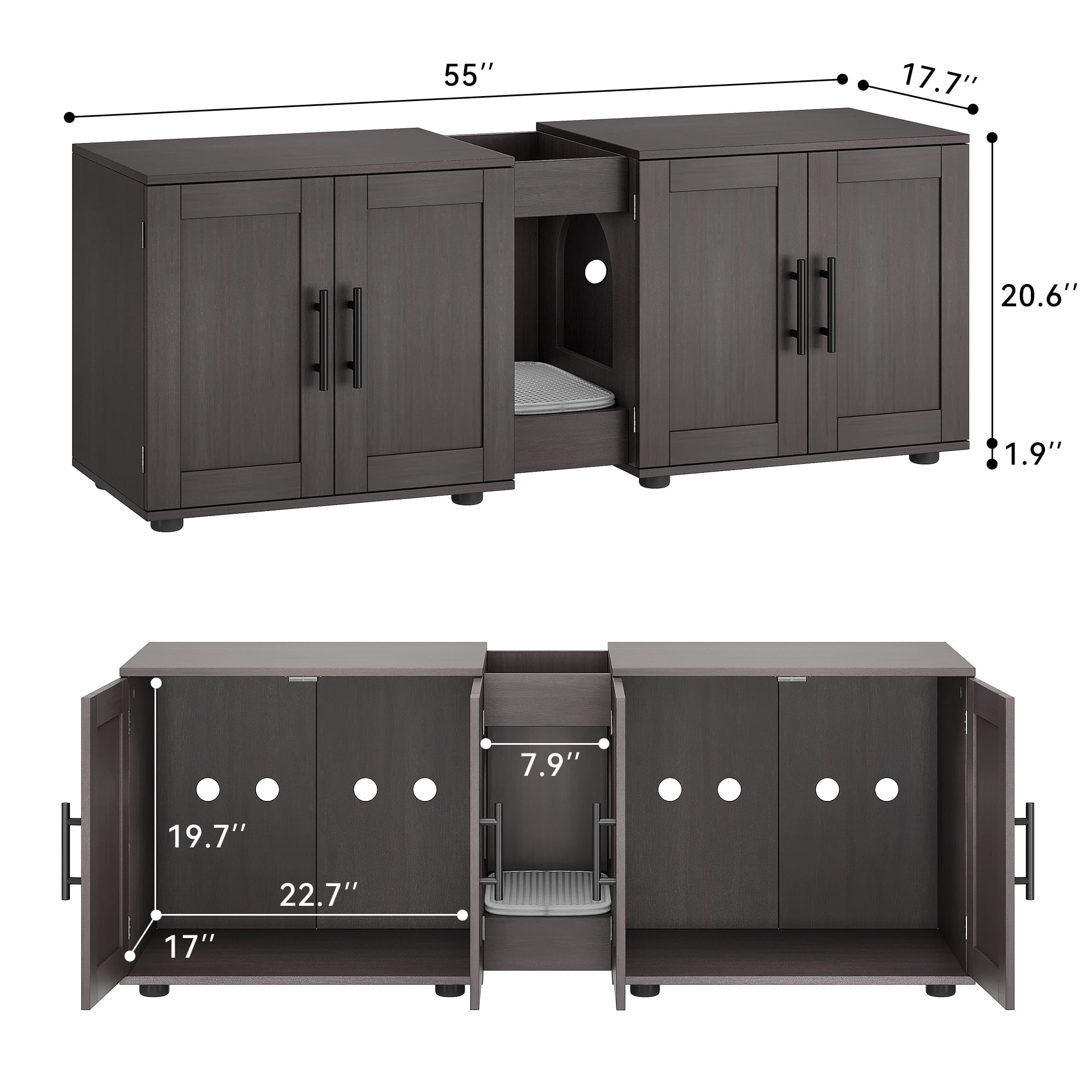 3-in-1Cat Litter Box Enclosure, 55 Inch Large Cat Box Enclosure with Double Rooms, Farmhouse Wooden Cat Washroom, Hidden Litter Box Furniture for Bedroom Living Room