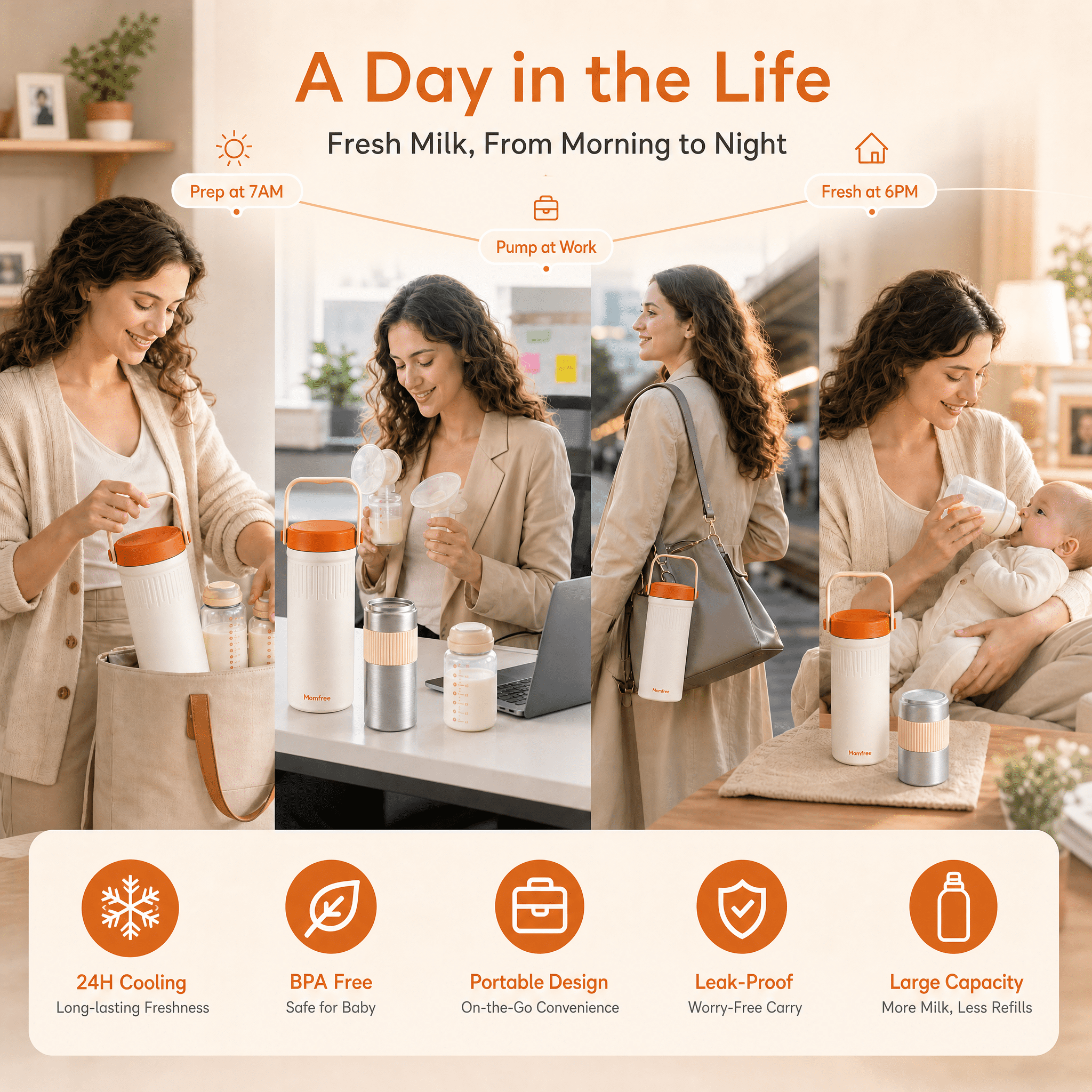 Momfree 22oz Portable Breast Milk Cooler, 24H 360° Continuous Cooling, Stainless Steel Breastmilk Chiller with 2 BPA-Free Bottles for Travel