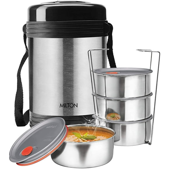 Milton Legend 4 Insulated Thermo Steel Tiffin Lunch Box with 4 Leak-Proof Stainless Steel Containers, Keeps Food Piping Hot or Cold for Long Hours, Silver