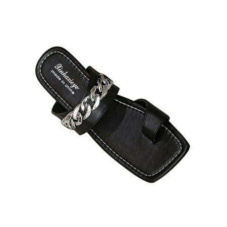 

Jsezml Women s Summer Fashion Sandals Toe Ring Slip On Mules Chain Flat Slippers Square Open Toe Dressy Slide Sandals