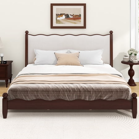 Euroco Wood King Size Wood Platform Bed with Upholstery Headboard, Espresso