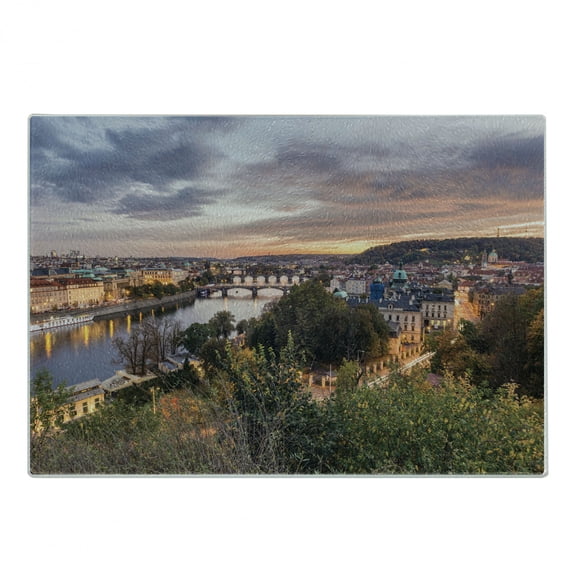 Prague Cutting Board, Valtava River During a Sunset in Czech Republic Landscape Illustration, Decorative Tempered Glass Cutting and Serving Board, in 3 Sizes, by Ambesonne