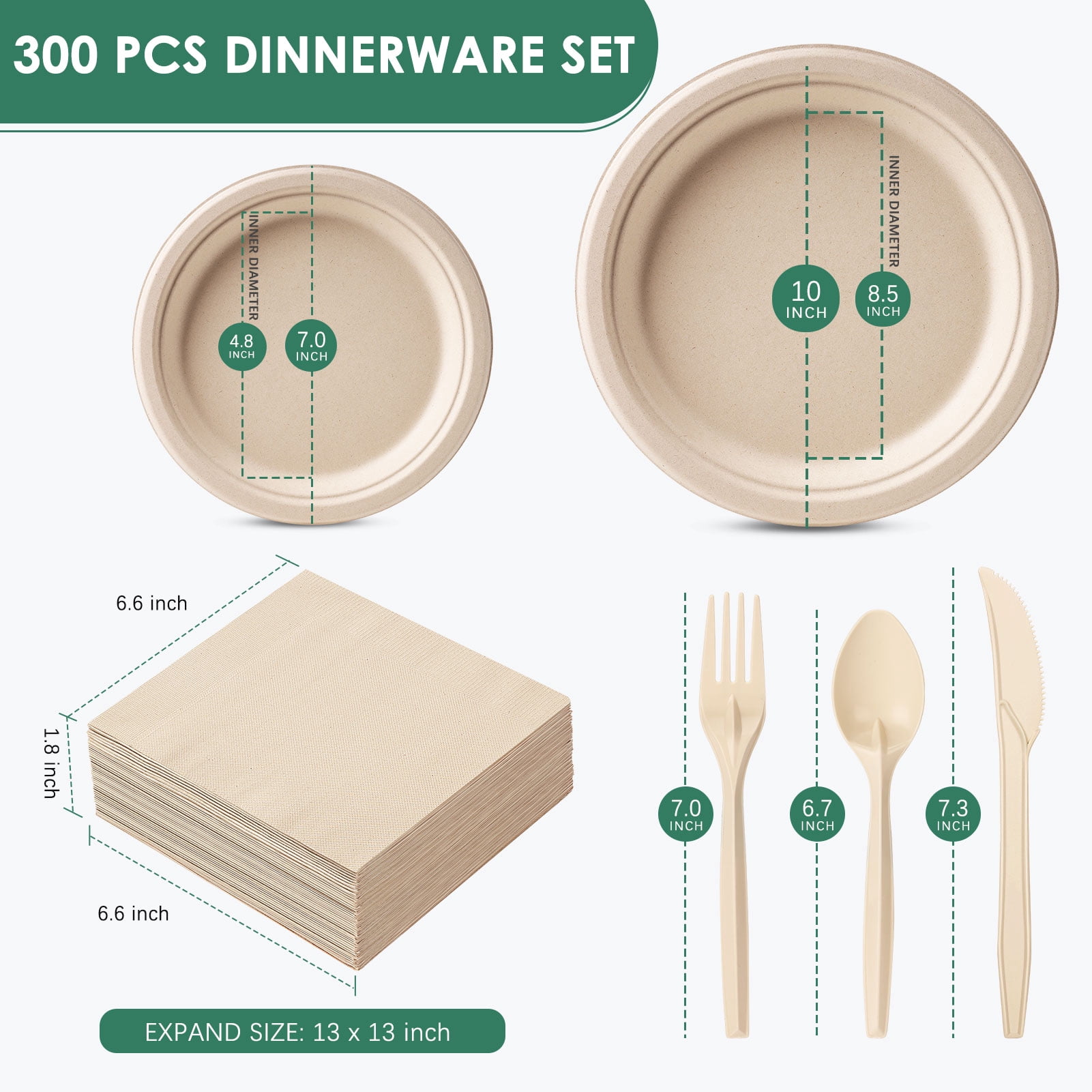 Gezond Compostable Paper Plates Set 300 Pieces, Disposable Plates 10 inch and 7 inch Eco-frinedly Heavy-duty Paper Plates Made From Sugarcane Fibers with Biodegradable Utensils and Napkins for Party