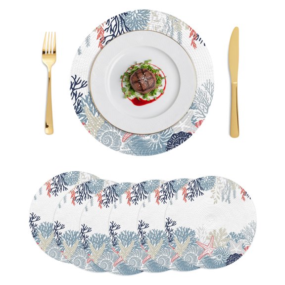Round Placemats Ocean Coastal 15 inch Set of 6 Table Mats for Dining Table Summer Beach Corals Marine Life Botanical Heat Resistant Non-Slip Kitchen & Home Decorative Place Mat Set