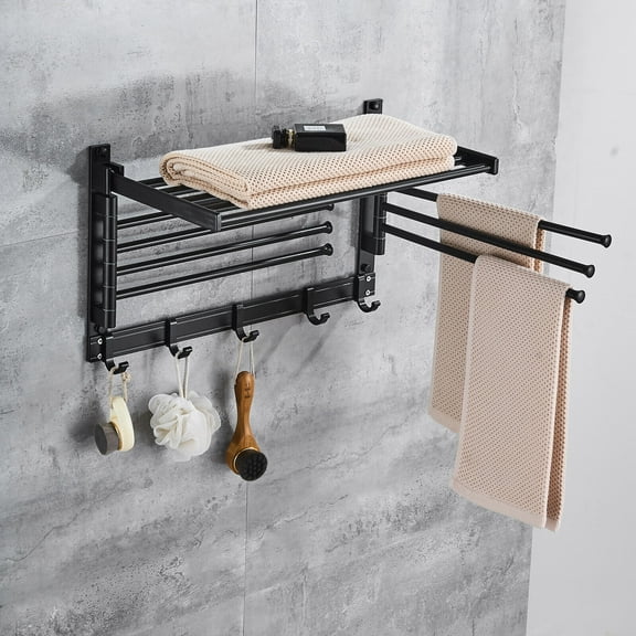 Wuzstar Towel Rail Holder Wall Mounted Bathroom Storage Shelf Towel Rack Shelves With 6 Hooks  Swing Arms (Black)