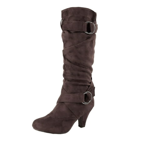 KELINFONG Women s Mid Knee High Boots Heel Slouchy Metal Buckle Fashion Winter Shoes