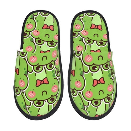 Balery Cute Green Frog Slient Indoor Furry Fleece Comfort House Shoes Soft Non-Slip Home Shoes Cotton slippers House Slippers-- Large