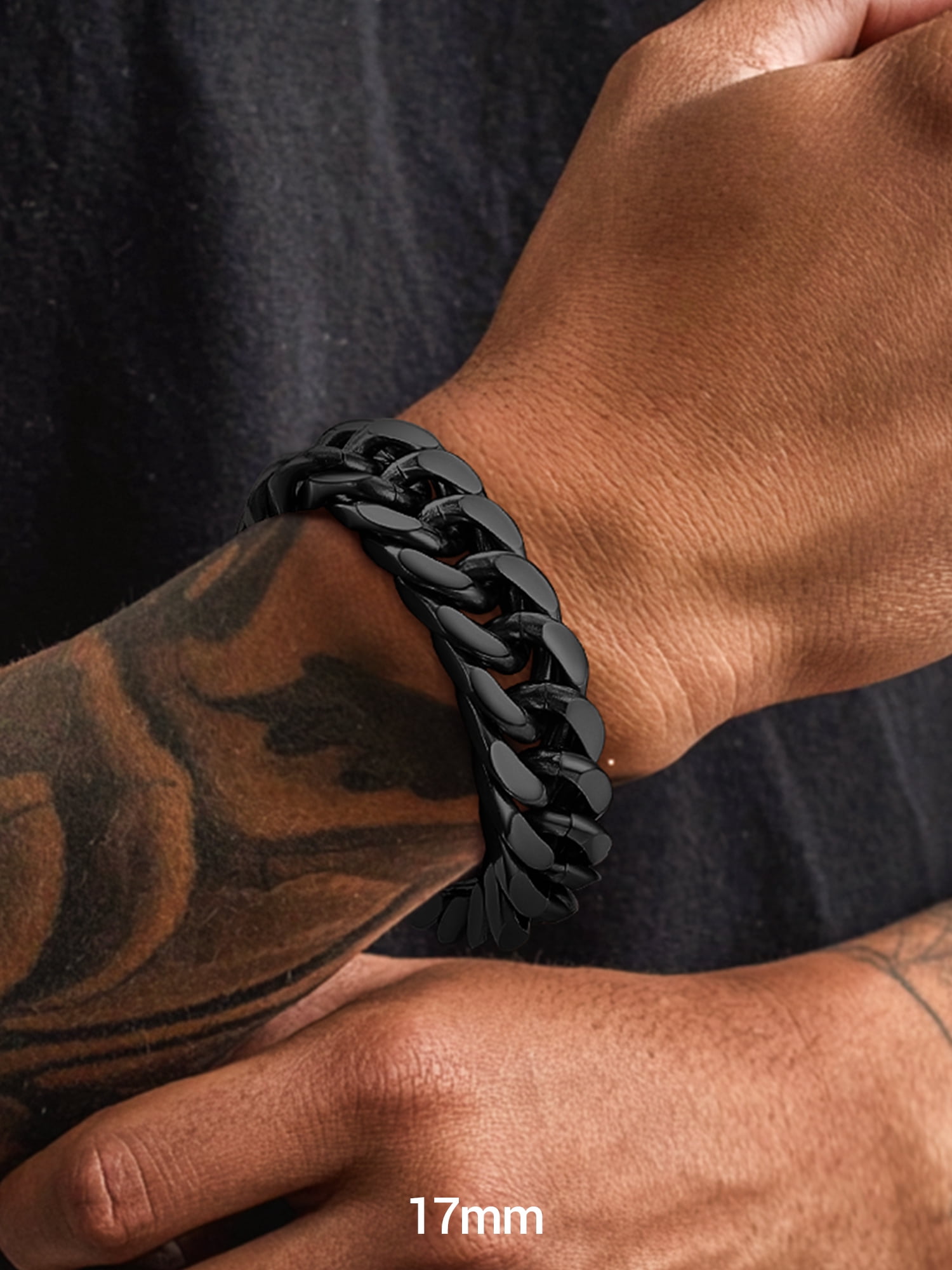 PROSTEEL Black Stainless Steel 17mm Cuban Chain Bracelets for Mens Chunky Franco Chain Bracelet 7.5 inch for Son Husband Jewelry Birthday Valentine Graduation Father Day Gifts
