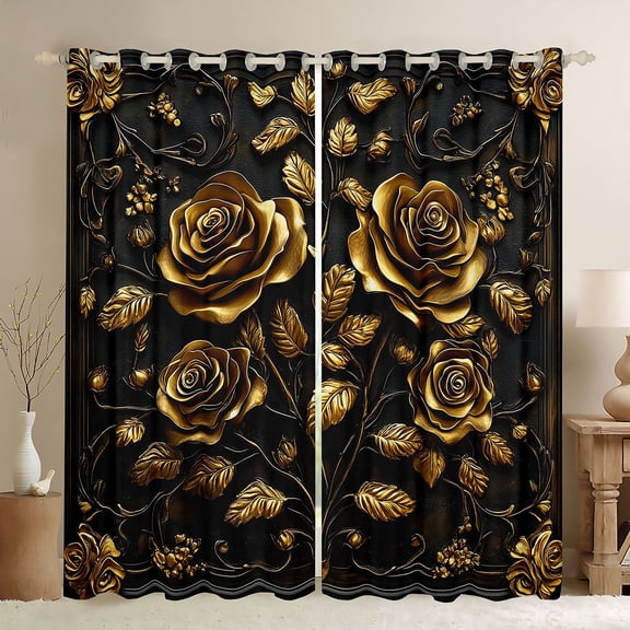 Homewish Female Men Women Luxury Floral Rose Black Out Curtains,Vintage Chic Flowers Curtains Pack of 2 (42x63 Each),Black Golden Bedroom Curtains,Microfiber Bedroom Decor