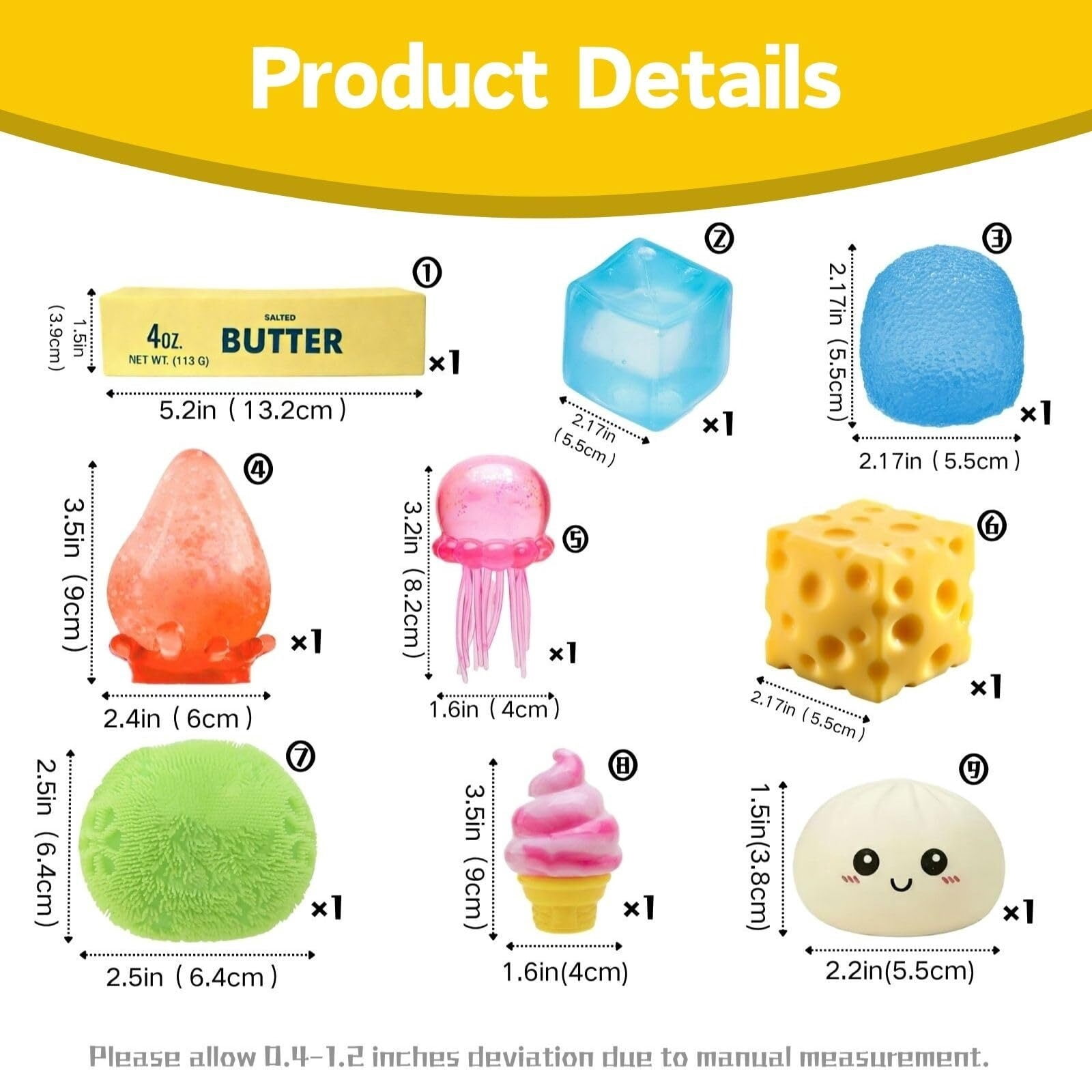 9 Pack Squishy Squeeze Toys, Slow Rising Soft Squishy Set with 9 Different Designs, Random Colors, Stretchy Hand Fidget Set for Desk, Office, and Daily Use
