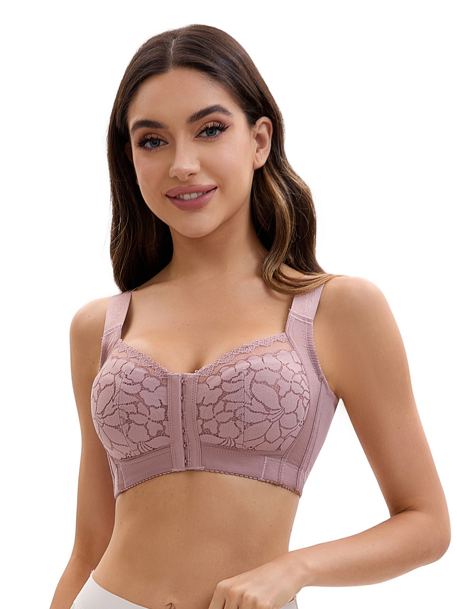 Unique Bargains Lace Front Closure Full Coverage Wirefree Bras E 46 Dusty Pink